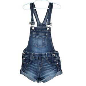 Y2K Jordache Girls Denim Shortalls Overalls M (7-8) Distressed Cuffed Dark Wash